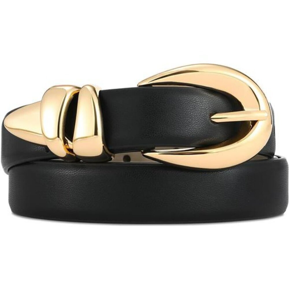 Womens black leather belt fashion gold buckle waist belt for jeans pants dresses